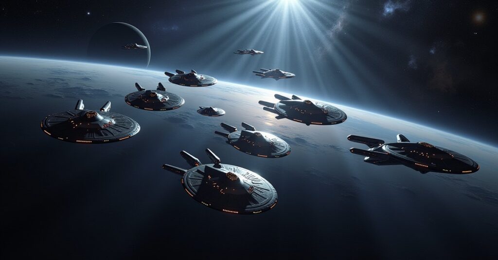 Absolution Arc in Star Trek Fleet Command: a fleet forming up above a ringed world.