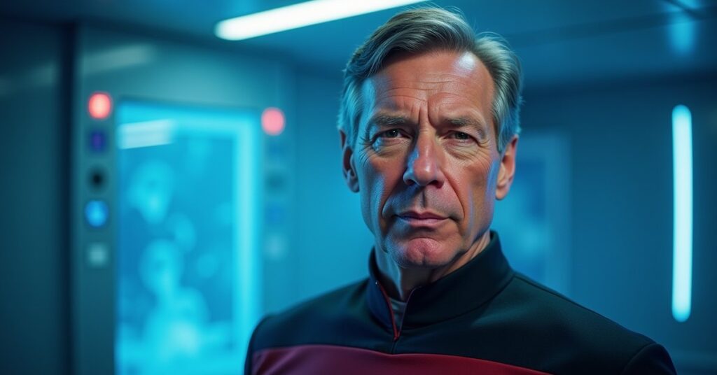 Academy Doctor holographic Federation officer in Starfleet Academy uniform, STFC officer card portrait.