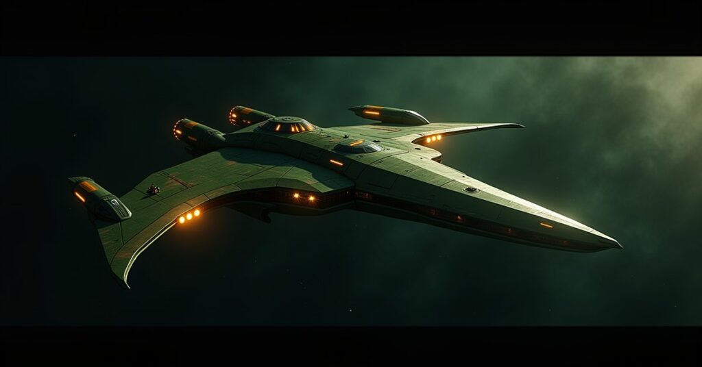 The Admonition, a Grade 7 Romulan battleship warbird in Star Trek Fleet Command, drifting through deep space.