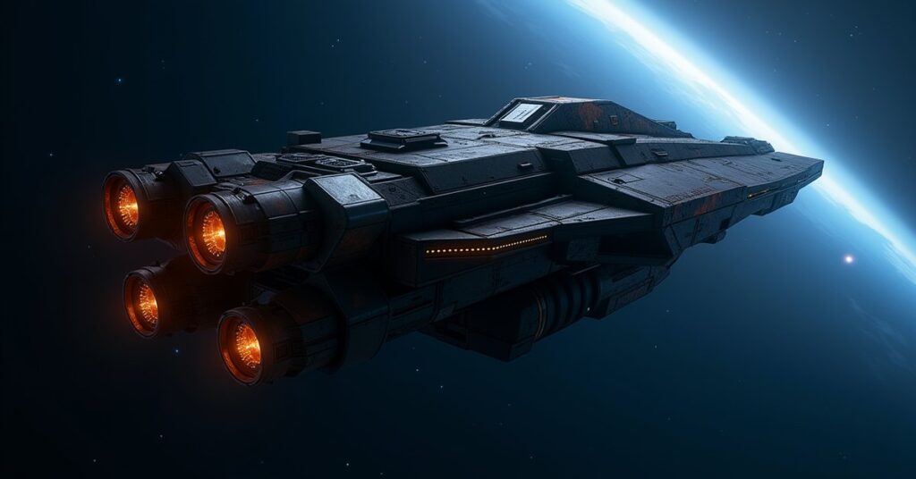 Aggregation Exploiter, a dark scavenged criminal-syndicate warship, in deep space with glowing weapon ports