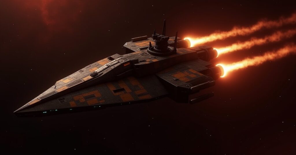 Aggregation Pawn warship, a scavenged Aggregation faction hostile ship drifting in deep space near a red nebula.