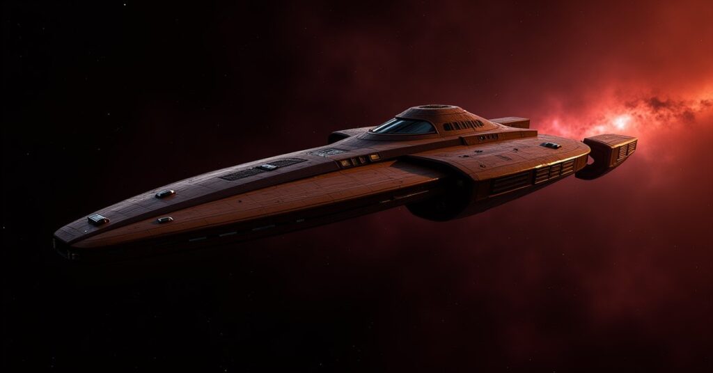 Alliance Galor-class warship, a Mirror Universe hostile in Star Trek Fleet Command, patrolling dark mirror space