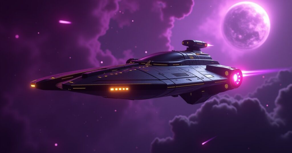 Alliance Ω-Recon Explorer hostile starship from Star Trek Fleet Command patrolling a Mirror Universe system