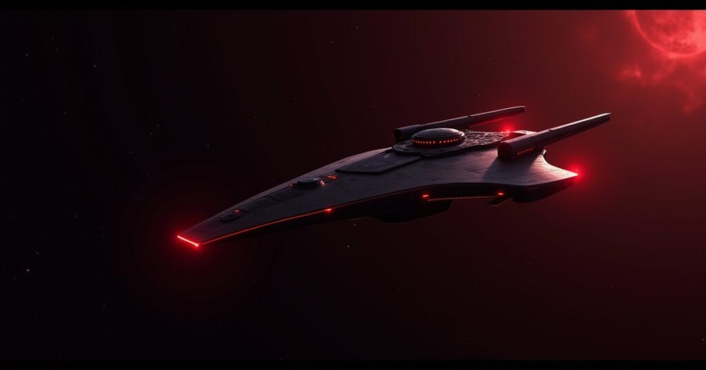 Alliance Recon, an Explorer-class Mirror Universe hostile ship in Star Trek Fleet Command, patrolling dark mirror space