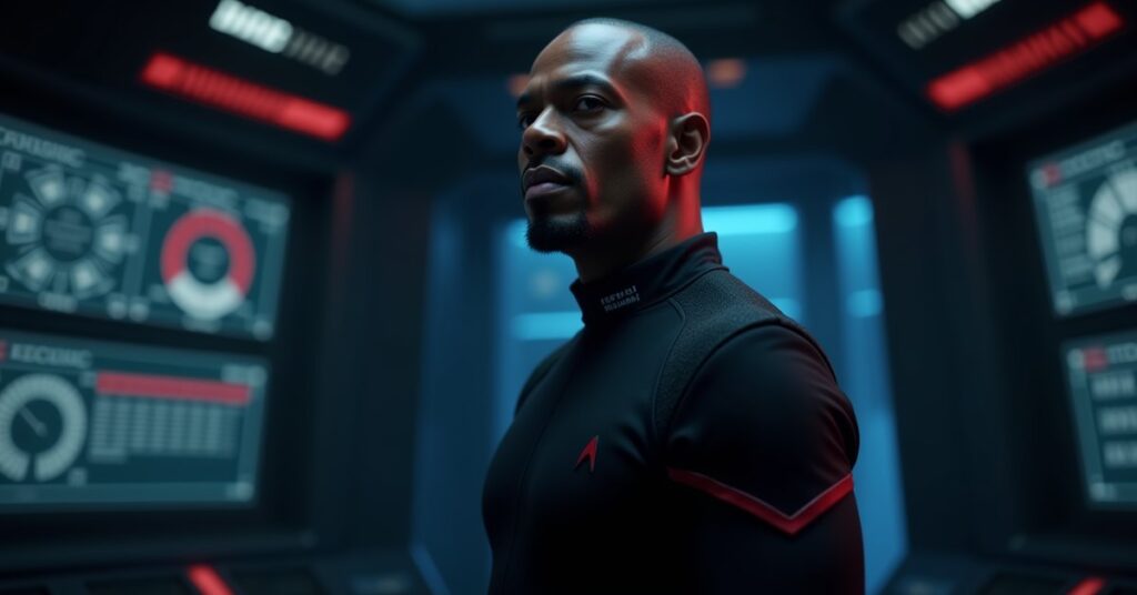 Officer card art of Alok Sahar in his Section 31 black uniform, on a dark command bridge.