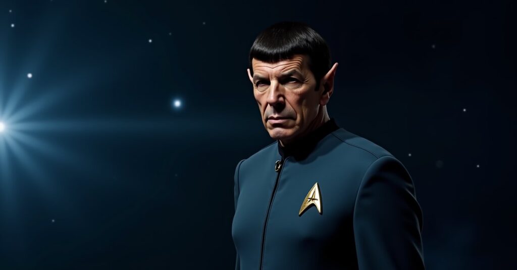 Ambassador Spock in formal Vulcan diplomatic robes against a deep-space nebula backdrop.