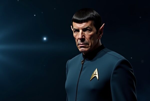 Ambassador Spock in formal Vulcan diplomatic robes against a deep-space nebula backdrop.