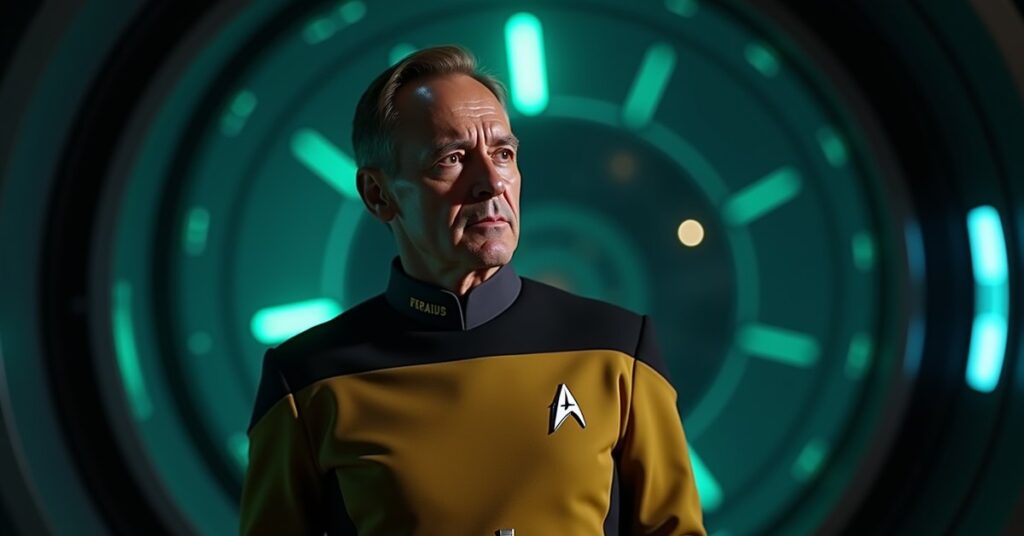 Andy Billups, chief engineer of the USS Cerritos, in Star Trek Fleet Command officer-card art style.