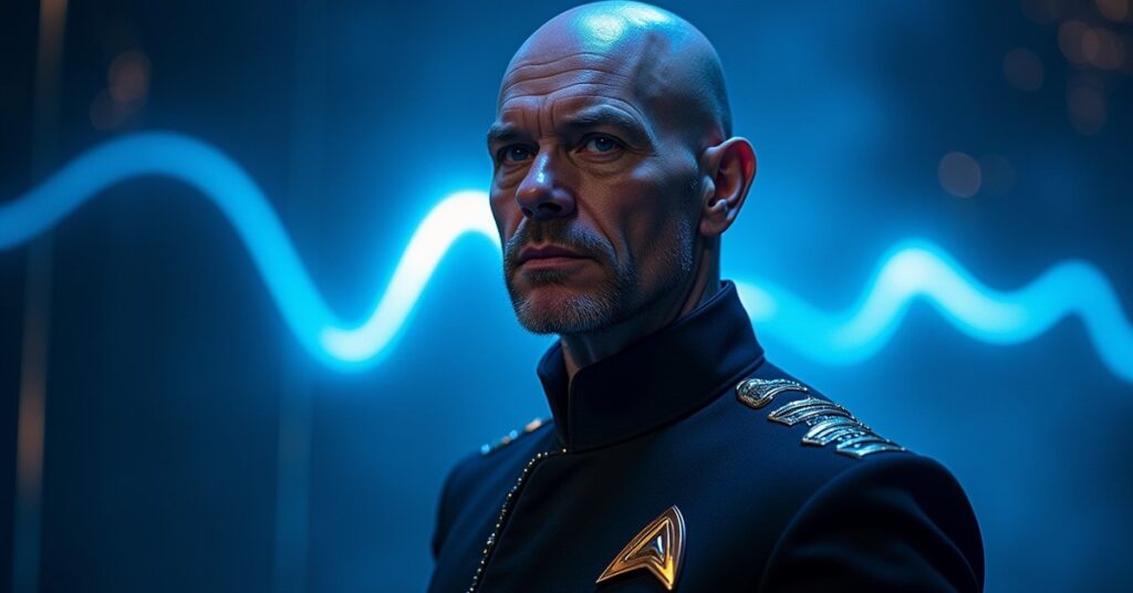 Annorax officer card art showing the Krenim temporal scientist in dark uniform with a holographic timeline behind him.