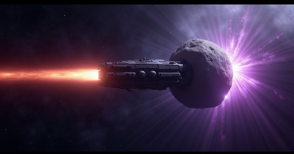 The Aphelion, an Independent survey mining ship, firing its mining beam at an asteroid in deep space