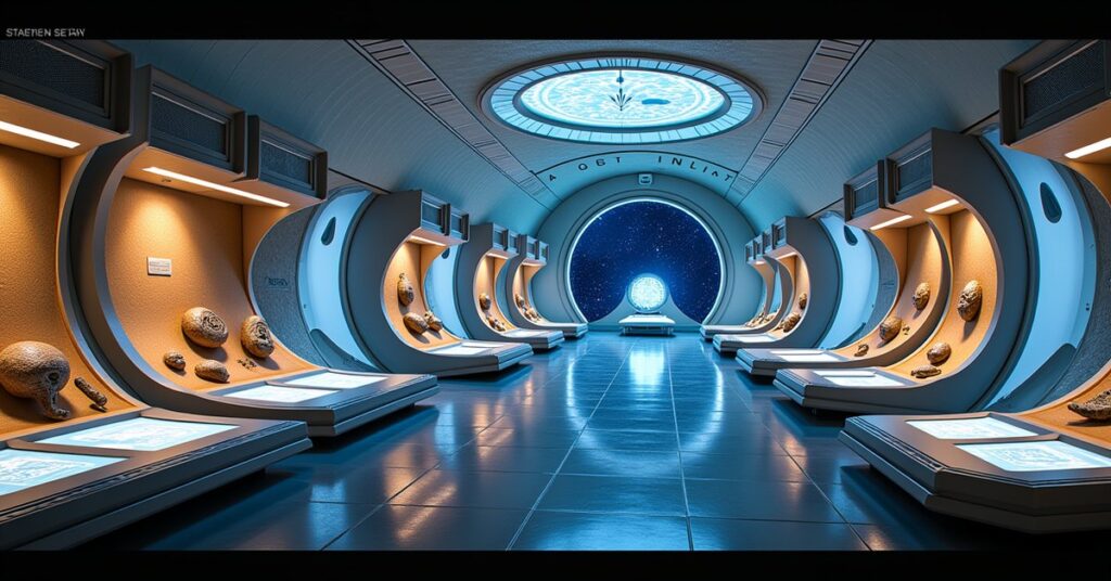 Star Trek Fleet Command Artifact Gallery station building displaying rare alien artifacts on lit pedestals