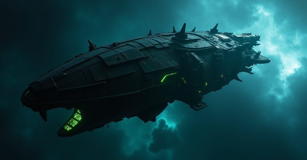Assimilated Craft, a Borg-modified starship glowing green in deep space