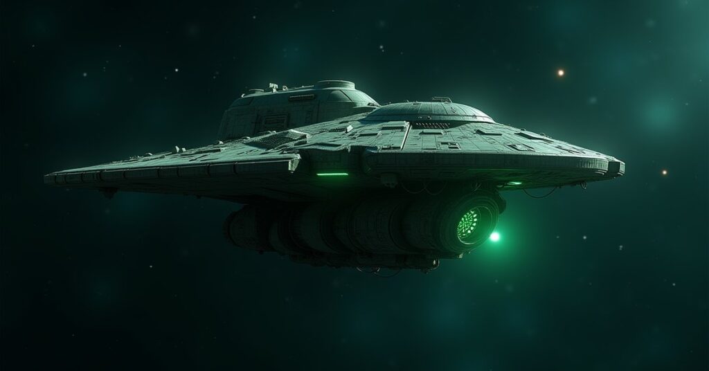 A Borg-assimilated Federation scout ship with Starfleet lines overtaken by grey Borg implants, drifting in dark space.