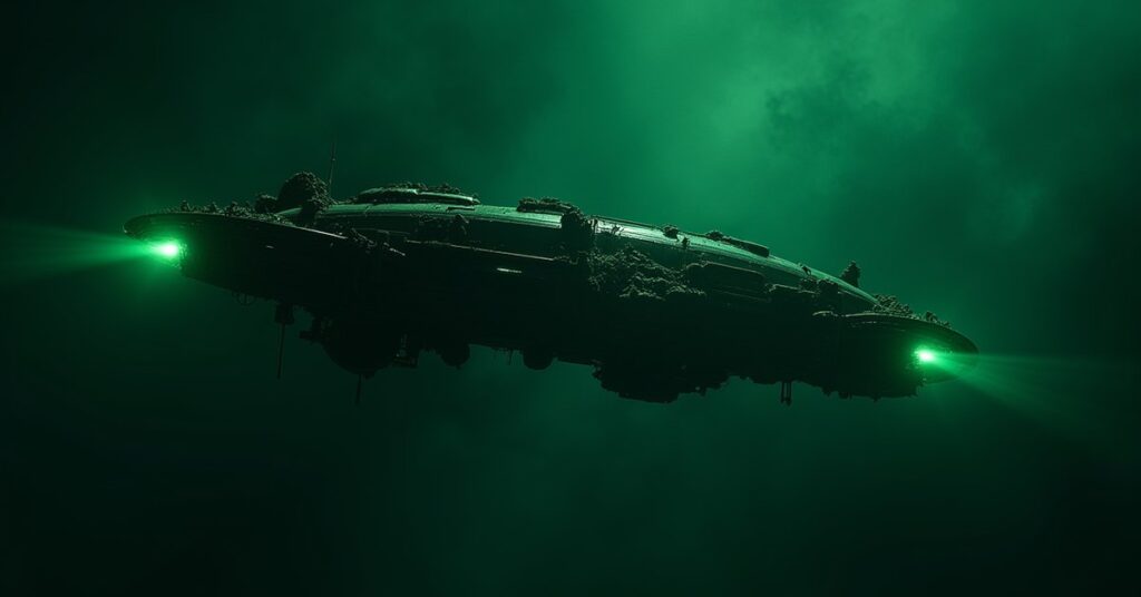 A Borg-assimilated trading vessel with grafted machinery and green lighting adrift in deep space