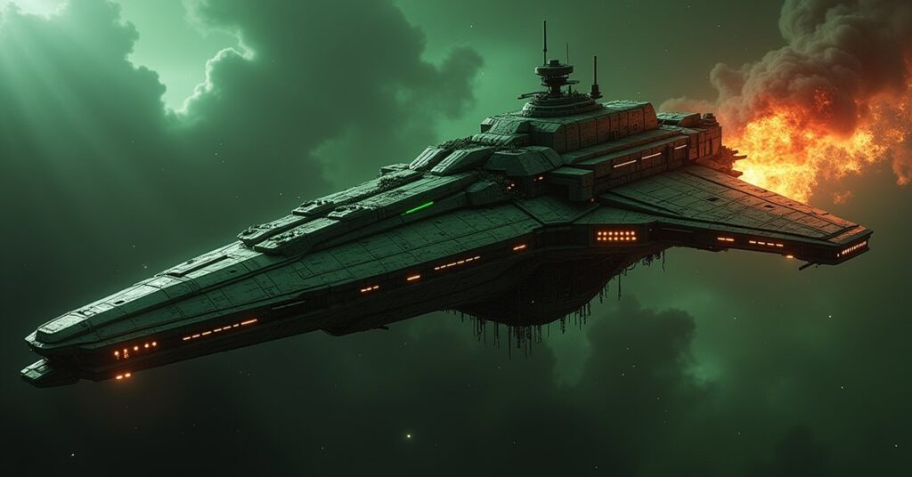 Assimilated Frohmun-class battleship, a Borg-corrupted Q-Continuum warship wreathed in fire, in deep space
