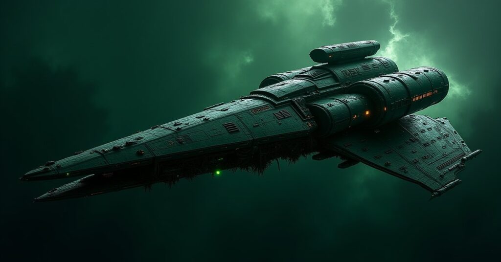 A Borg-assimilated Cardassian Galor-class warship, dark green hull laced with glowing Borg circuitry, in deep space