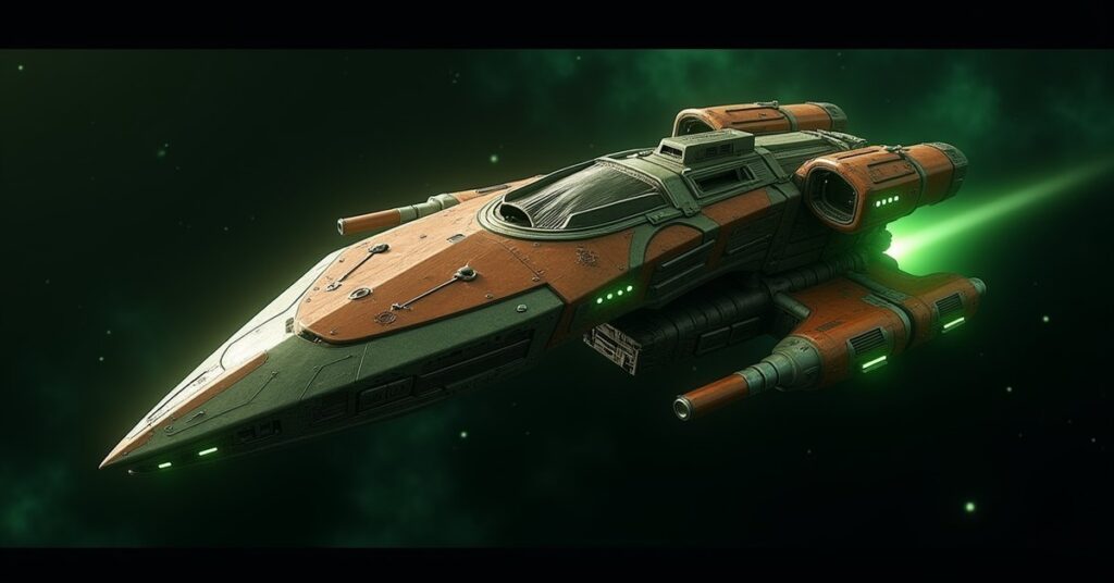 Borg-assimilated Cardassian Galor-class warship laced with green Borg tubing, drifting in deep space