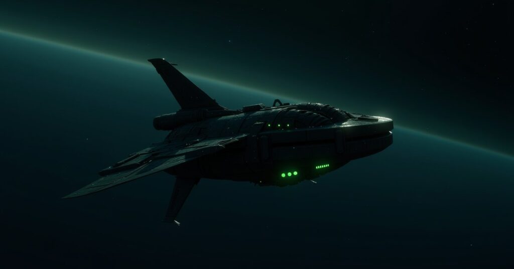Assimilated Klingon Scout, a Borg-assimilated Klingon Battleship with black and green hull plating, drifting in deep space.