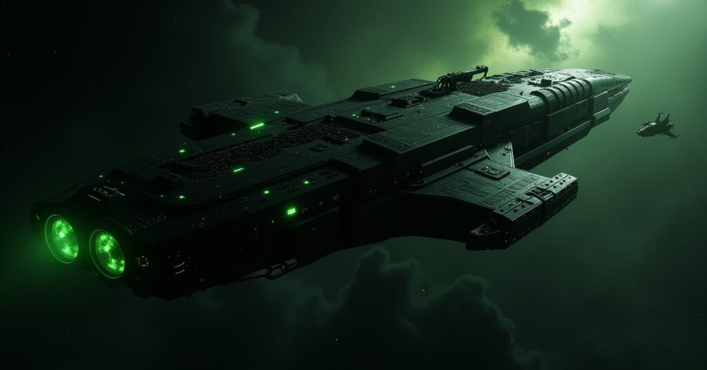 Borg-assimilated starship covered in green-lit cybernetic implants in Star Trek Fleet Command