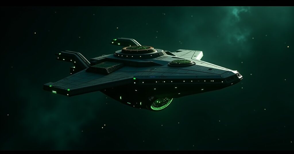 A Borg cube-style Interceptor hostile ship glowing green in deep space, Star Trek Fleet Command key-art style