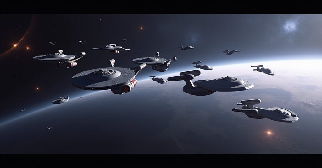 Augment Missions in Star Trek Fleet Command: a fleet forming up above a ringed world.