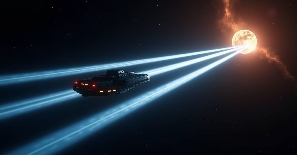Starship charting a new warp corridor toward the Yarda system in Star Trek Fleet Command key art