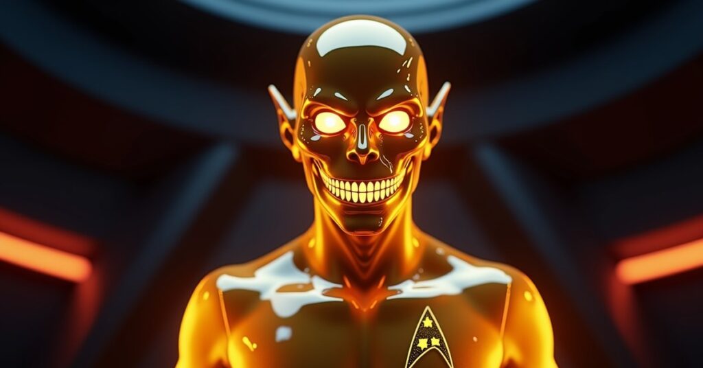Badgey, the golden Starfleet delta hologram from Lower Decks, styled as an STFC officer card