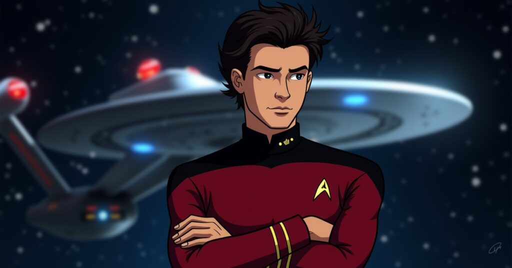 Beckett Mariner officer card art for Star Trek Fleet Command, a confident Starfleet ensign in a red uniform