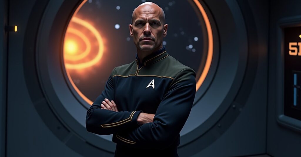 Benjamin Sisko officer card art for Star Trek Fleet Command, the Deep Space Nine commander in Starfleet uniform.