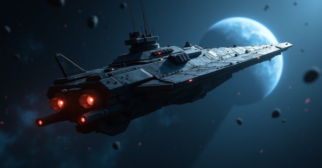 A neutral Battleship-class Benzar Smuggler raider drifting through deep space near the Benzar system