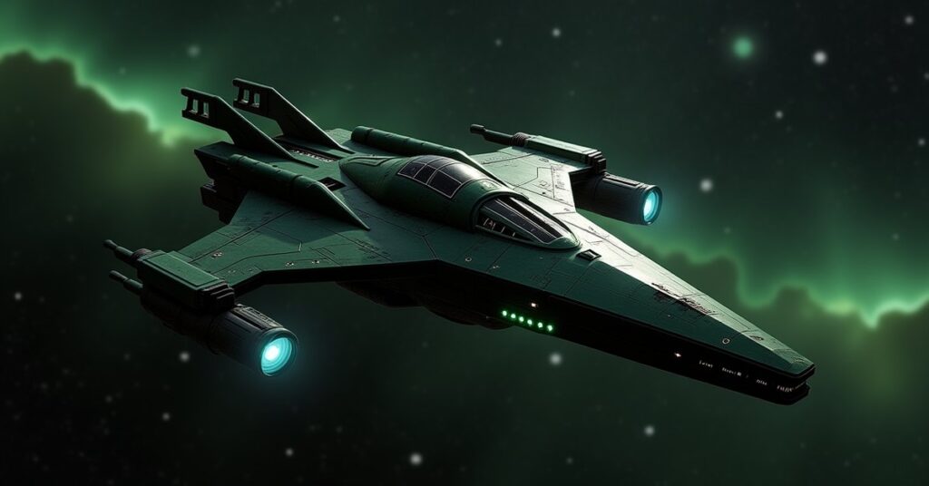 Klingon-style Bird of Prey Annihilator battleship firing weapons over a starfield