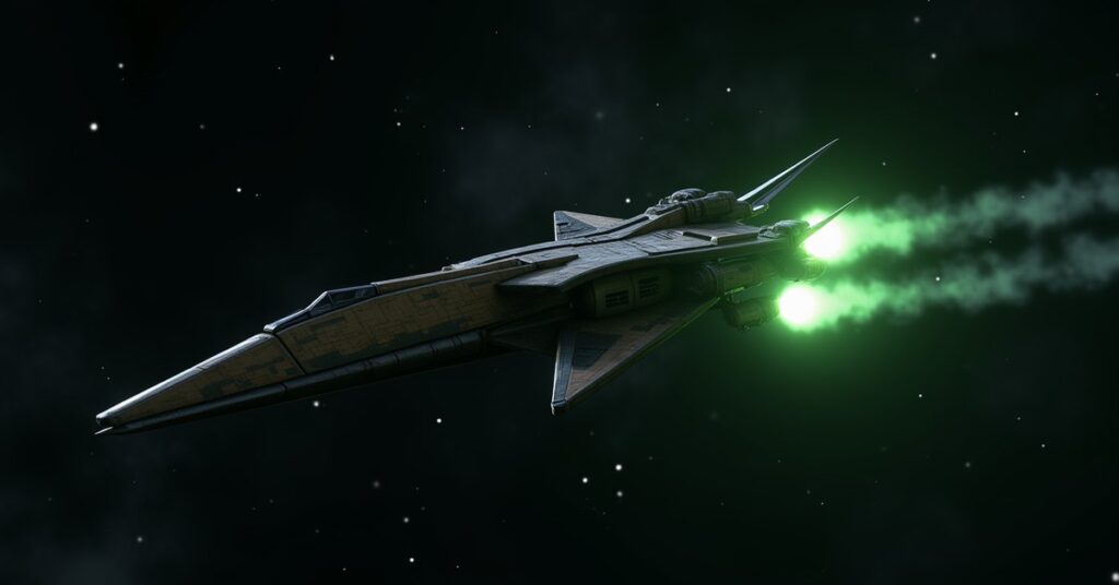 A Klingon-style Bird-of-Prey fighter firing energy weapons in deep space, game key-art style