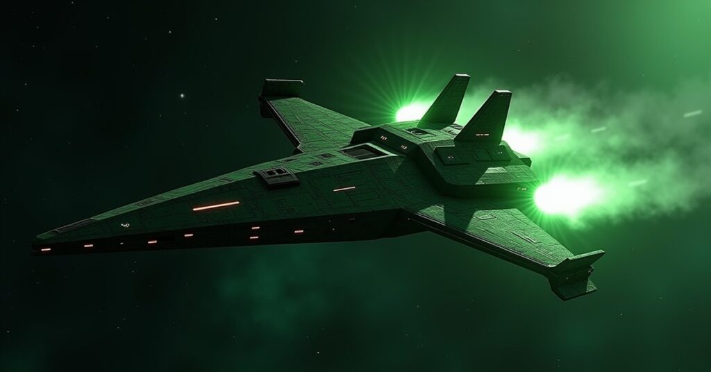 A green Klingon-style Bird of Prey Warmaster firing disruptors while banking through deep space