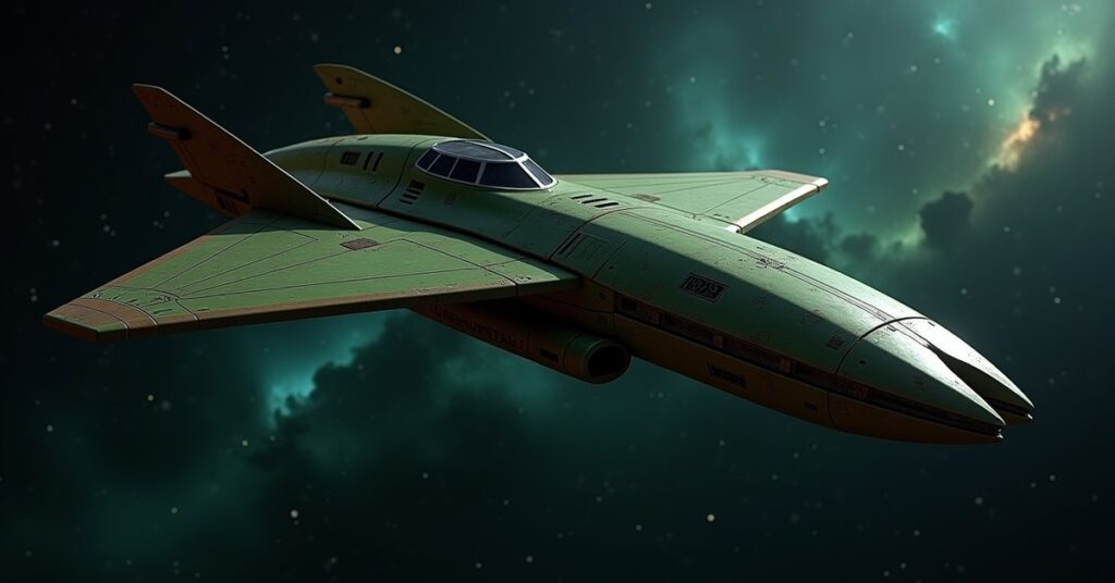 Klingon-style Bird of Prey Warship banking through deep space, Star Trek Fleet Command key art