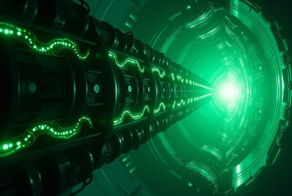 Borg regeneration alcove glowing green, wired into a starship computer core