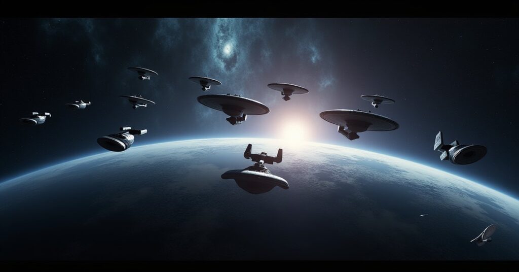 Borg Arc in Star Trek Fleet Command: a fleet forming up above a ringed world.