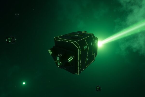 The Borg Cube, a green Ex-Borg battleship, firing its cutting beam in Star Trek Fleet Command