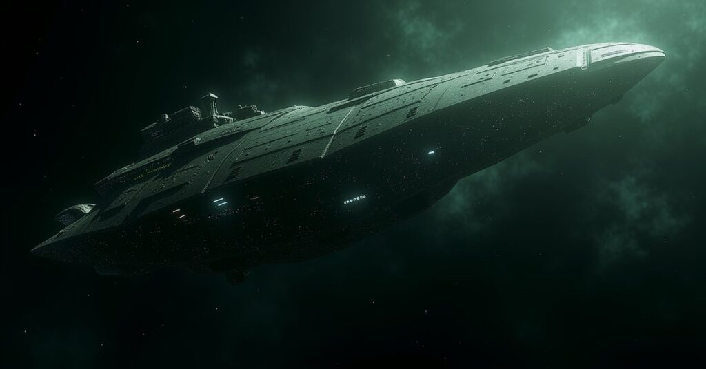 Borg nanoprobe hull plating fused onto a starship hull, glowing circuitry in dark grey-green metal