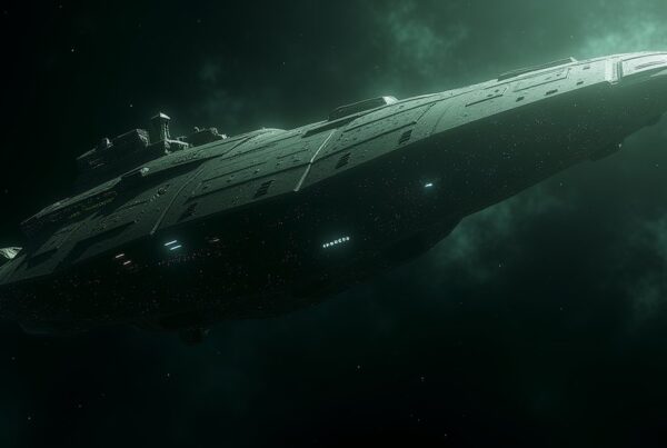 Borg nanoprobe hull plating fused onto a starship hull, glowing circuitry in dark grey-green metal