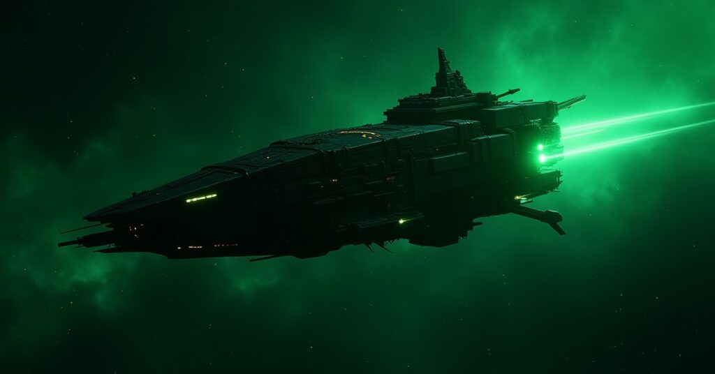 Borg Polygon 1.0 armada ship, a Q-conjured Borg vessel, glowing green against the dark of space in Star Trek Fleet Command