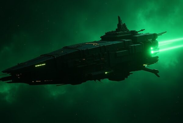 Borg Polygon 1.0 armada ship, a Q-conjured Borg vessel, glowing green against the dark of space in Star Trek Fleet Command