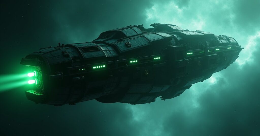 Borg Polygon 1.1 armada structure glowing green in the void of Q-Continuum space, Star Trek Fleet Command key art
