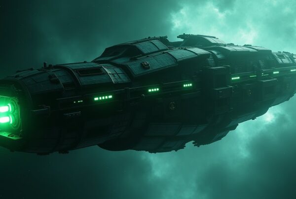 Borg Polygon 1.1 armada structure glowing green in the void of Q-Continuum space, Star Trek Fleet Command key art