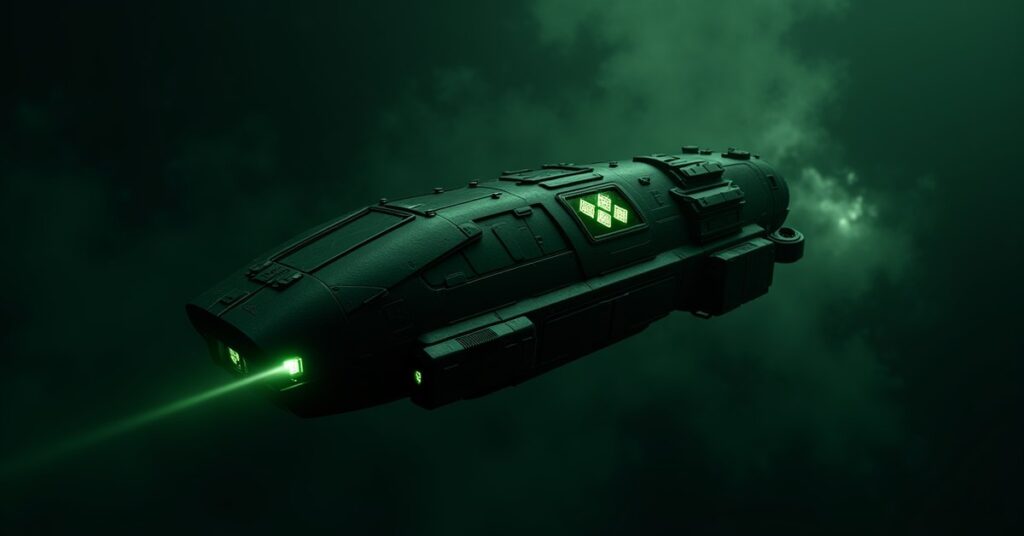 Borg Tactical Probe, a small dark automated Borg scout craft with glowing green lights in deep space
