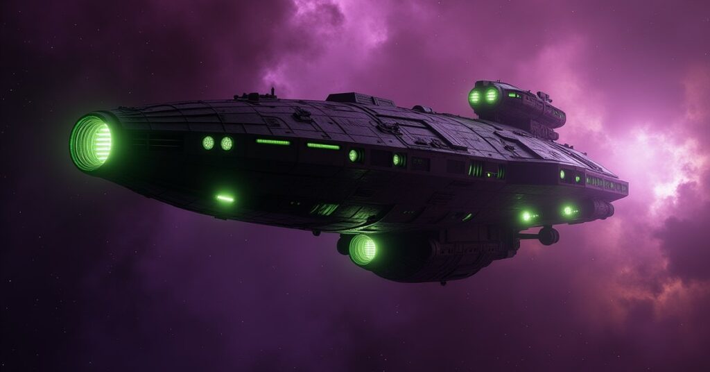 Borg Type 03.1 Q-Continuum solo armada ship glowing green in Continuum space, STFC key art style