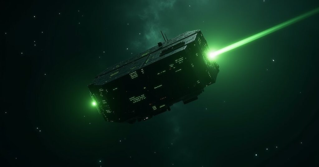 Borg Type 03.2 solo armada, an angular Borg cube-derived vessel glowing green in deep space