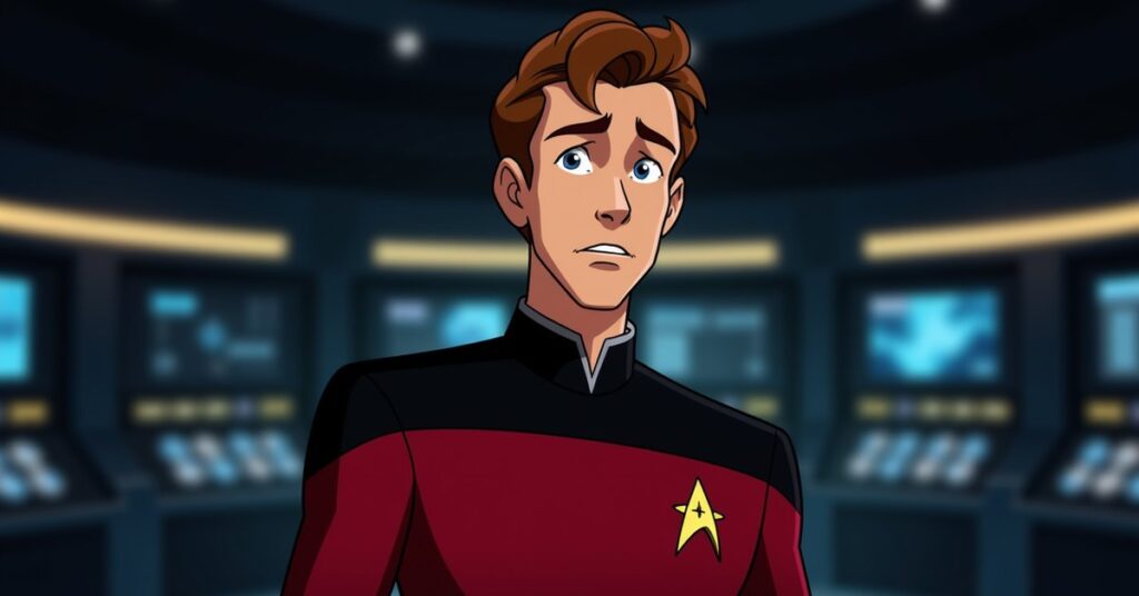 Brad Boimler, a Lower Decks Starfleet ensign in a red command uniform, as an STFC officer card.