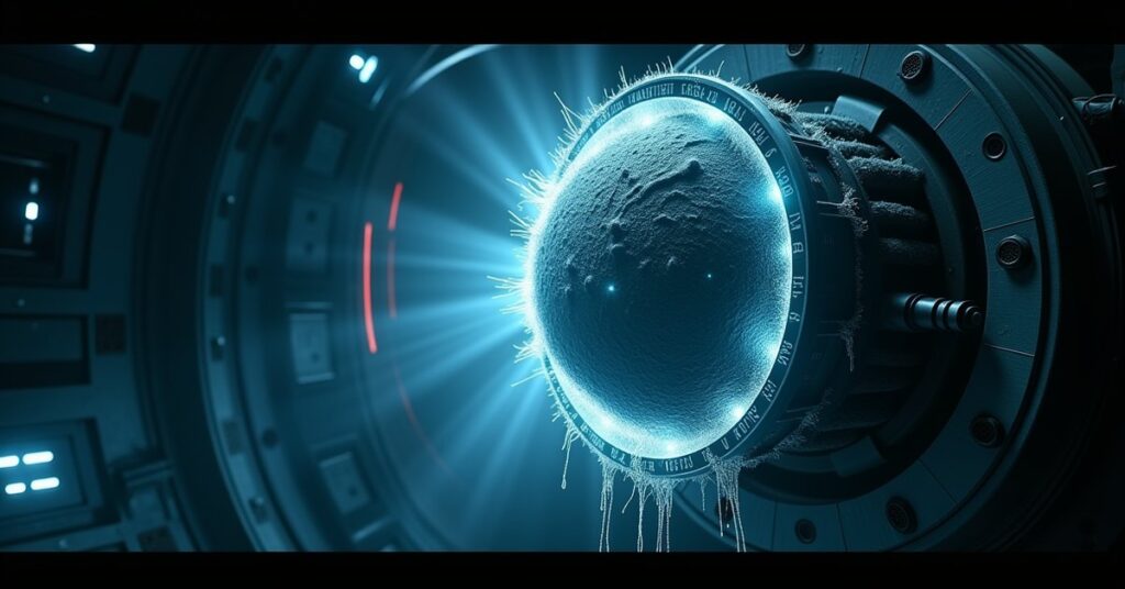 Breen Energy Dampener device glowing with blue energy inside a starship engineering bay in Star Trek Fleet Command