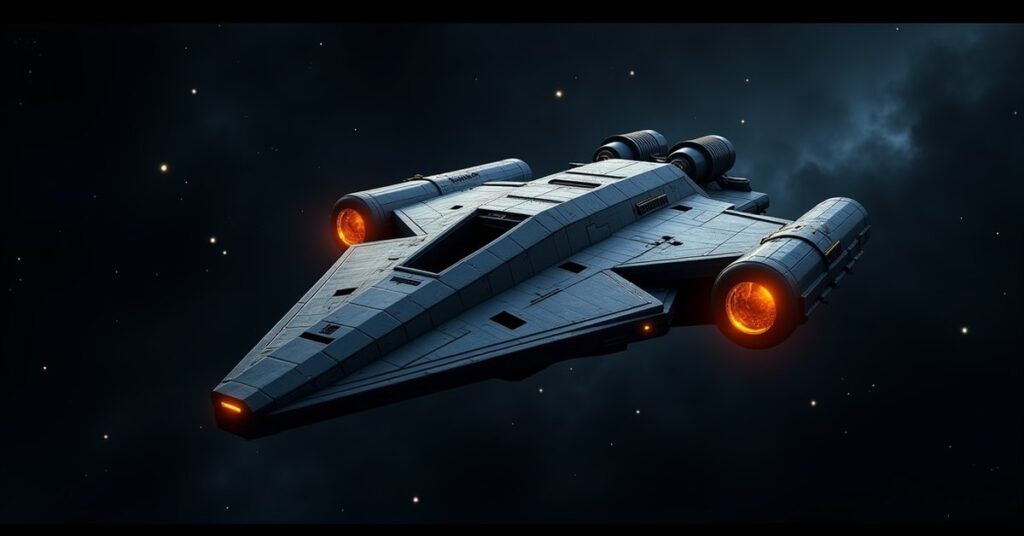 Breen Marauder Interceptor, a Breen raider ship, firing on an enemy in deep space, STFC game key-art style