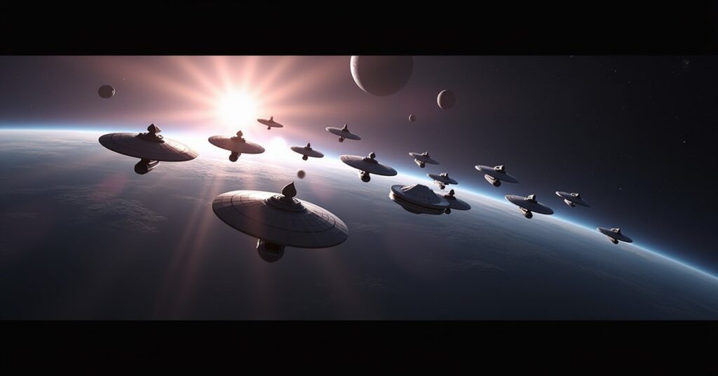 Business as Usual Arc in Star Trek Fleet Command: a fleet forming up above a ringed world.